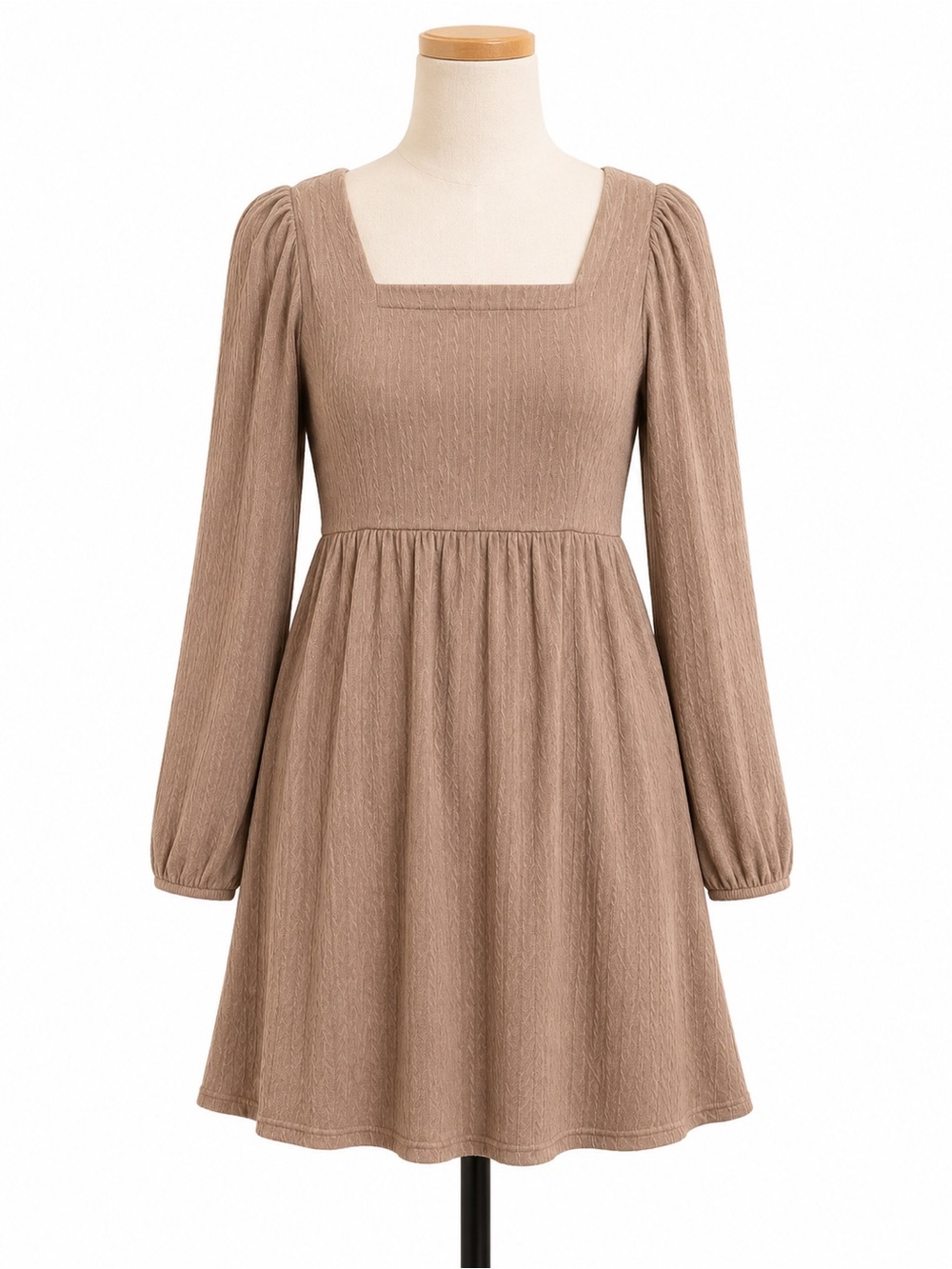 Boutique Taupe Textured Babydoll Dress | Size Small | Puff Sleeve Mini